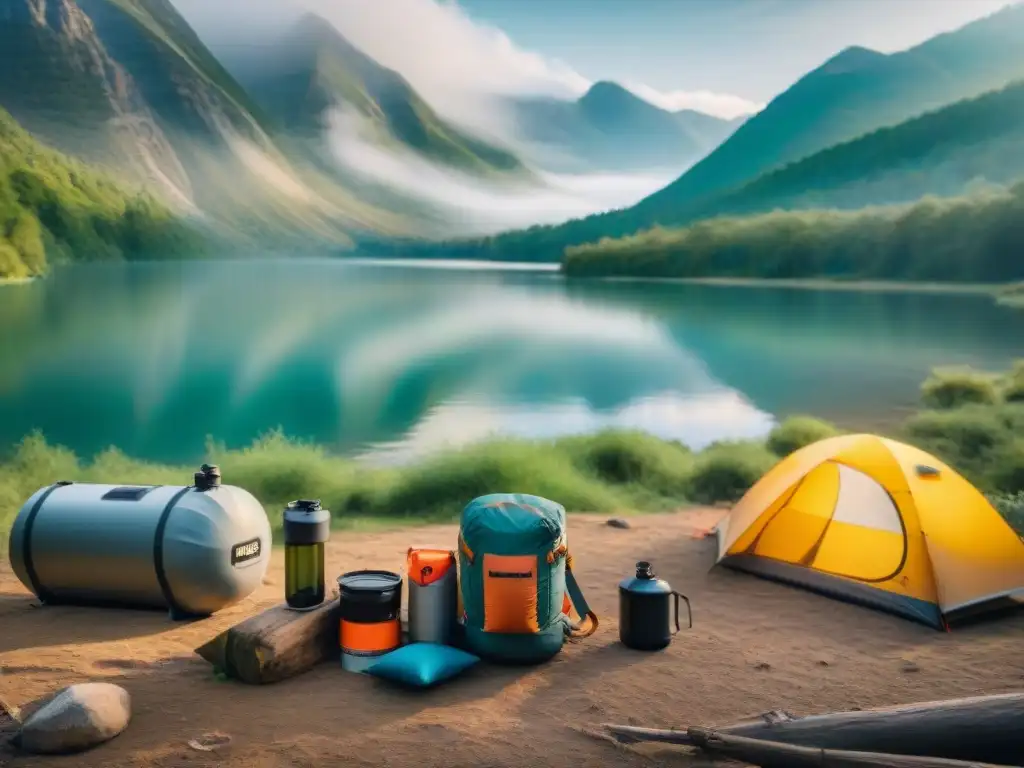 Purificación de agua en campamento: método eficiente junto al lago Purificación de agua en camping: Camper purifica agua en lago, destacando sistema de filtración y naturaleza circundante
