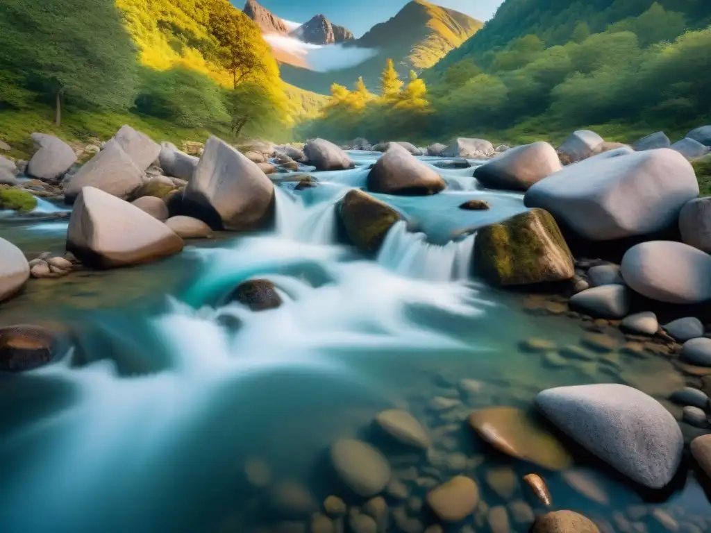 Arroyo de montaña cristalino: pureza natural para acampar Agua cristalina de arroyo en bosque, pureza y serenidad para purificación de agua en camping