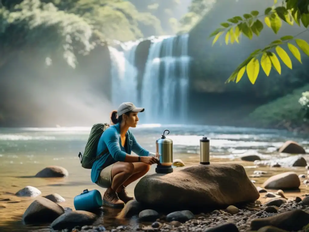 Camper purificando agua en Uruguay: detalle capturado Camper en Uruguay purifica agua de fuente natural con habilidades de supervivencia camping