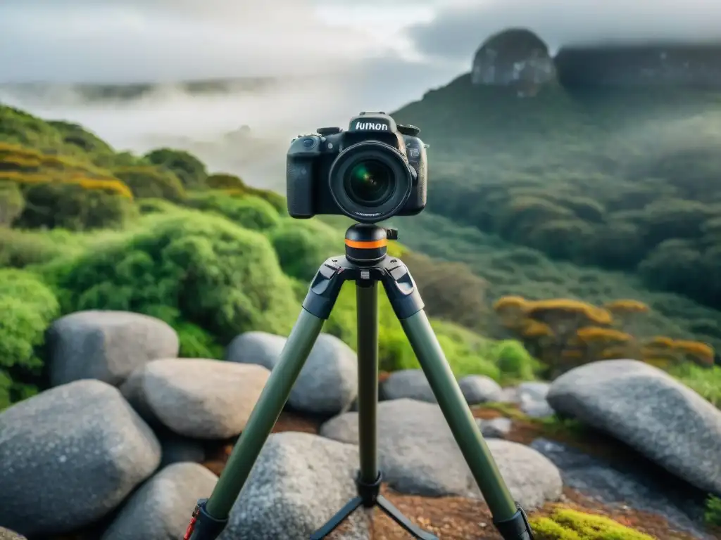 Trípode ajustable en bosque uruguayo Trípode ajustable en terreno rocoso de bosque uruguayo