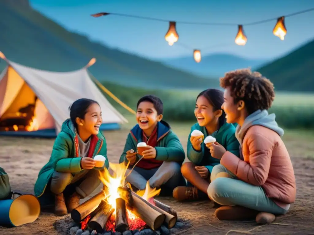 Niños felices en fogata: diversión y snacks saludables en Uruguay Alegre grupo de niños en campamento en Uruguay, disfrutando de snacks deshidratados alrededor de la fogata en la noche estrellada