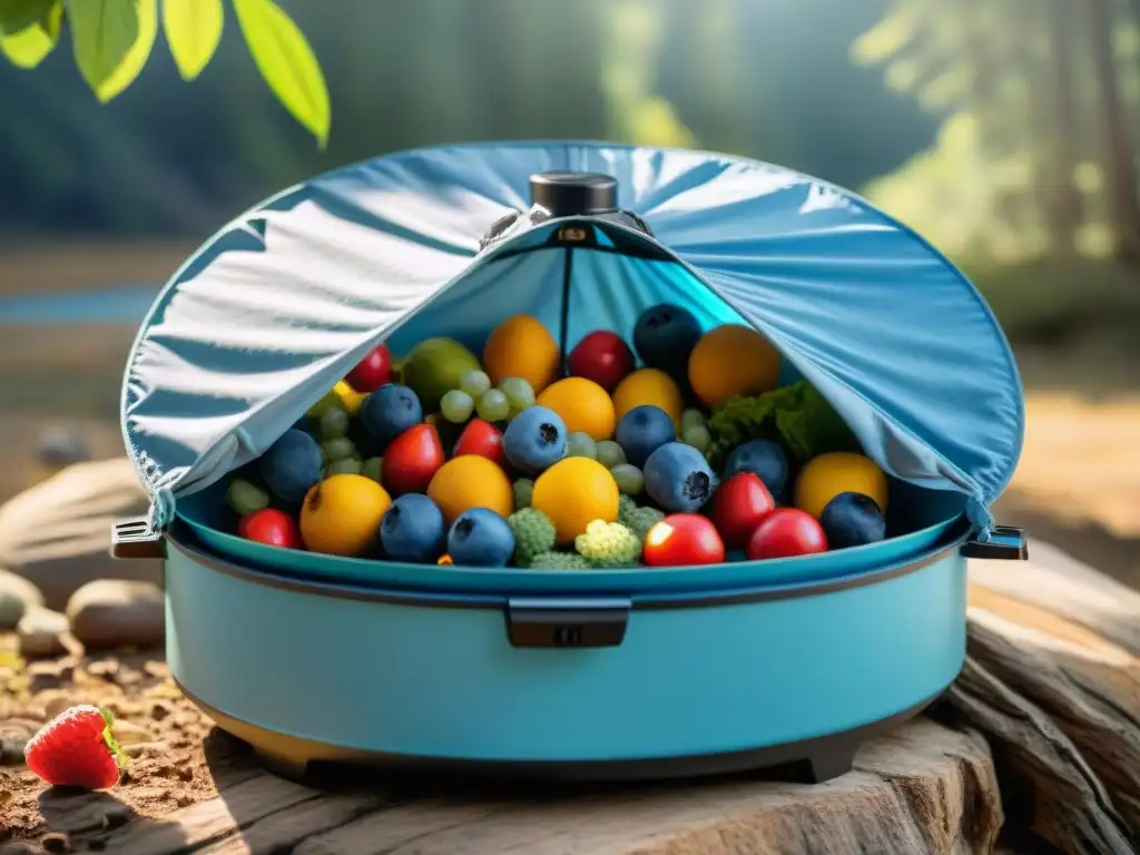 Deshidratando alimentos frescos en el camping Deshidratando alimentos para camping en un entorno natural y tranquilo con colores vibrantes