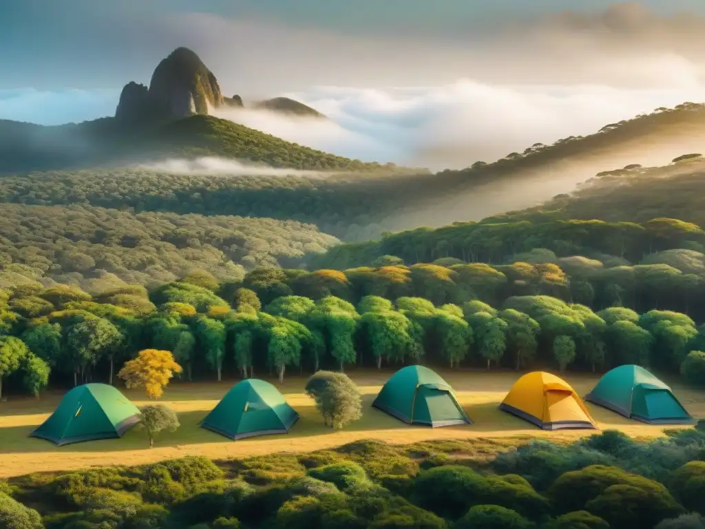 Amanecer dorado en bosque uruguayo: campamento entre árboles nativos Un amanecer dorado ilumina un frondoso bosque en Uruguay, destacando la diversidad de árboles nativos