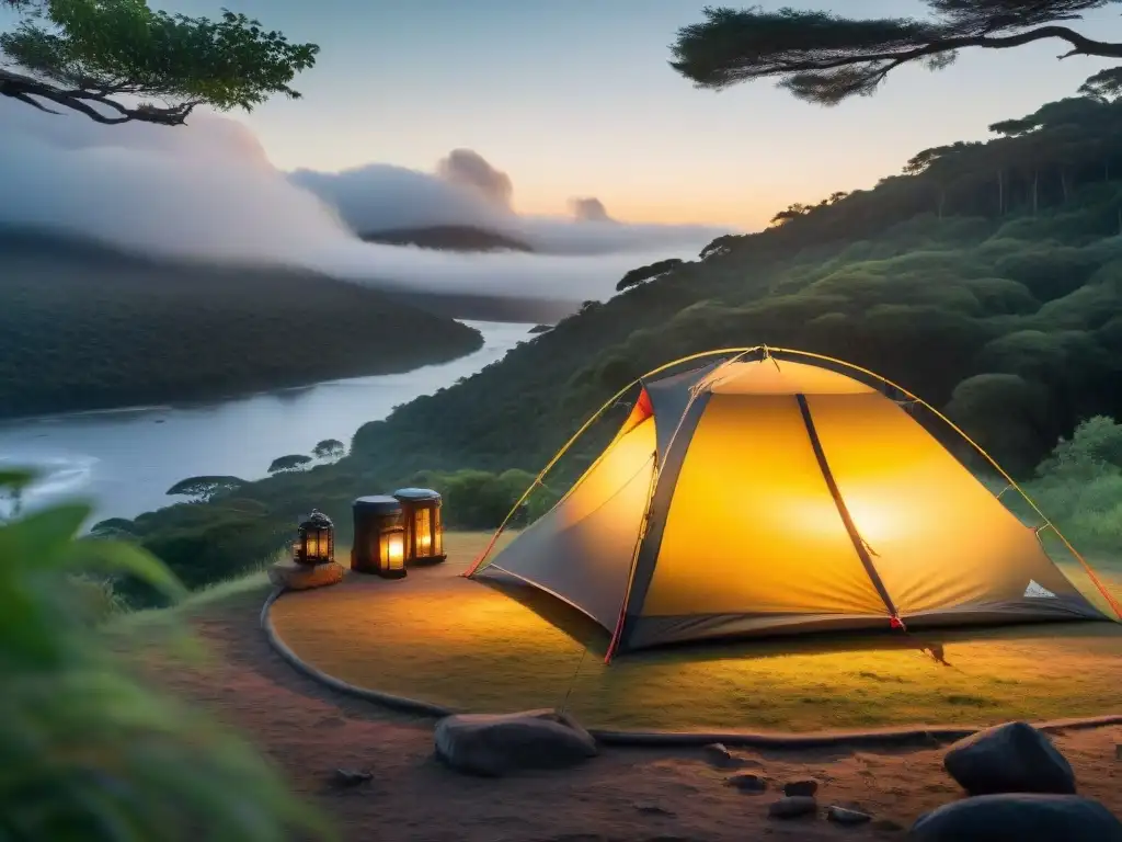Lujo natural: Tienda de lujo iluminada por el amanecer en bosque uruguayo Un amanecer dorado ilumina una lujosa tienda de campaña en un bosque uruguayo