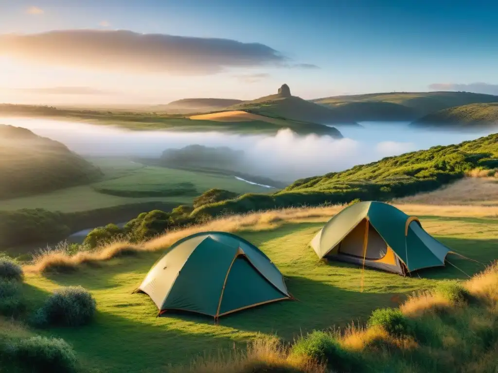 Campamento al amanecer en el campo de Uruguay Amanecer mágico en el campo de Uruguay, con campistas preparando sus tiendas junto al río, rodeados de naturaleza exuberante y colinas lejanas
