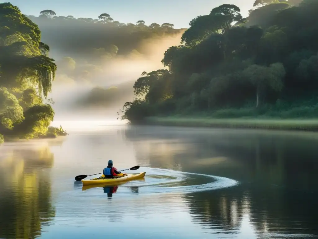 Kayak al amanecer: serenidad en río uruguayo Un amanecer mágico en Uruguay: un kayak solitario surca un río tranquilo al amanecer, iluminado por la luz dorada del sol