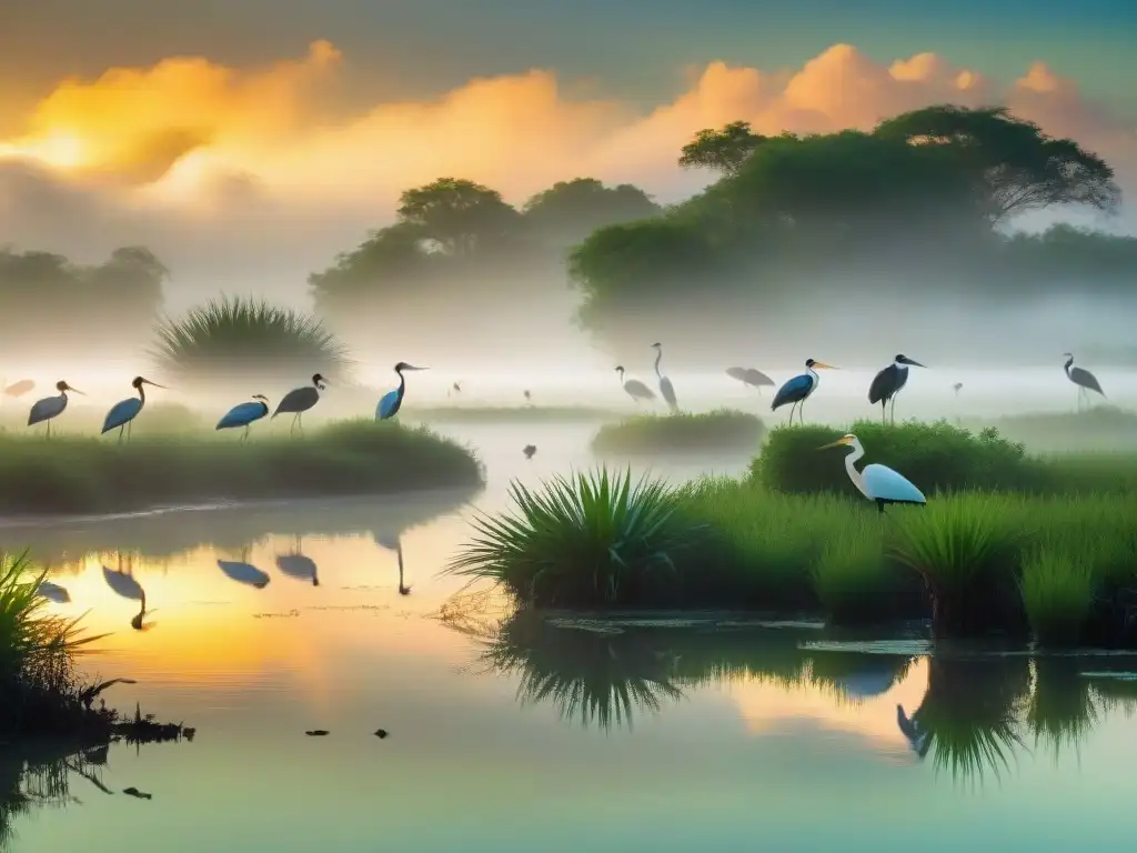 Maravillosa biodiversidad al amanecer en humedal Un amanecer místico en los Bañados del Este con aves coloridas como garzas, ibis y espátulas en un sendero acuático