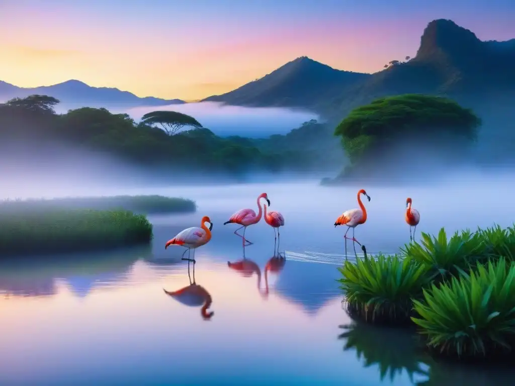 Esplendor matutino en Bañados del Este: Amanecer sereno con flamencos Un amanecer sereno sobre las aguas tranquilas del Sendero acuático Bañados del Este, con flamingos gráciles y coloridos