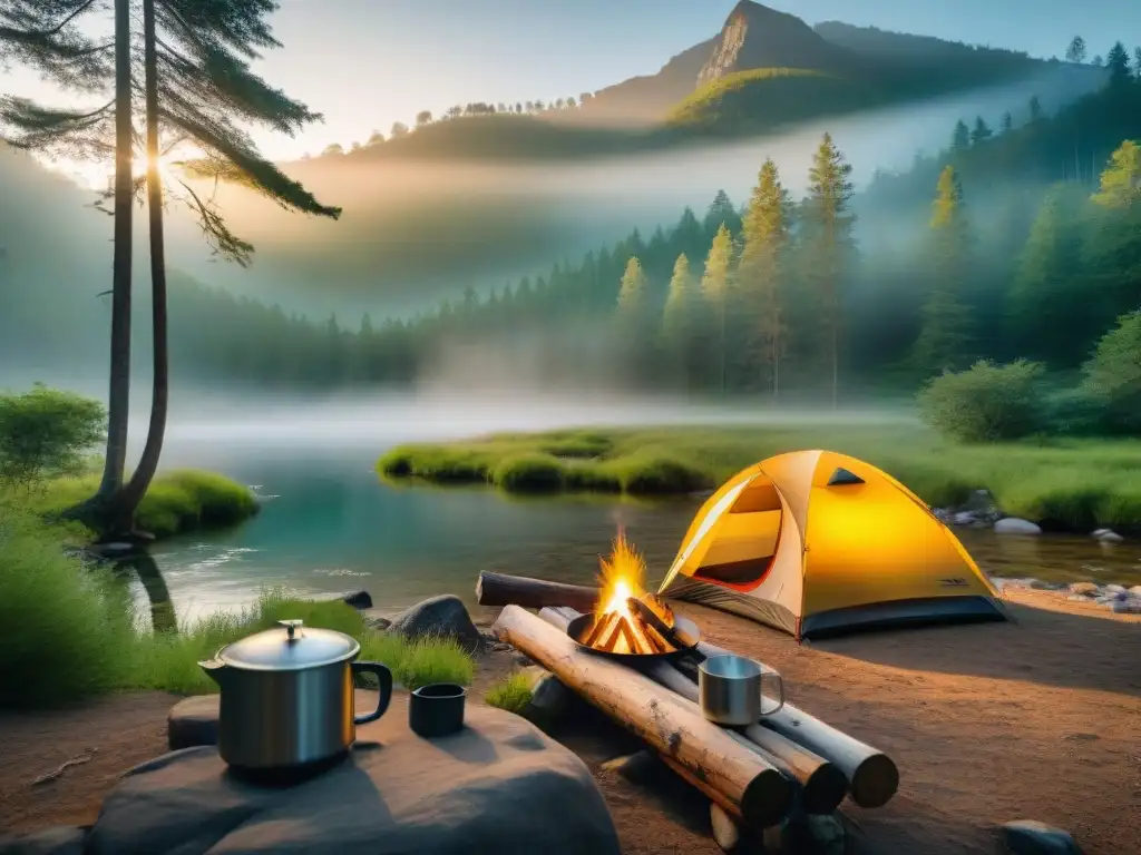 Campamento en la naturaleza al amanecer: armonía y serenidad Un amanecer sereno en un camping en la naturaleza con métodos eficientes de conservación del agua