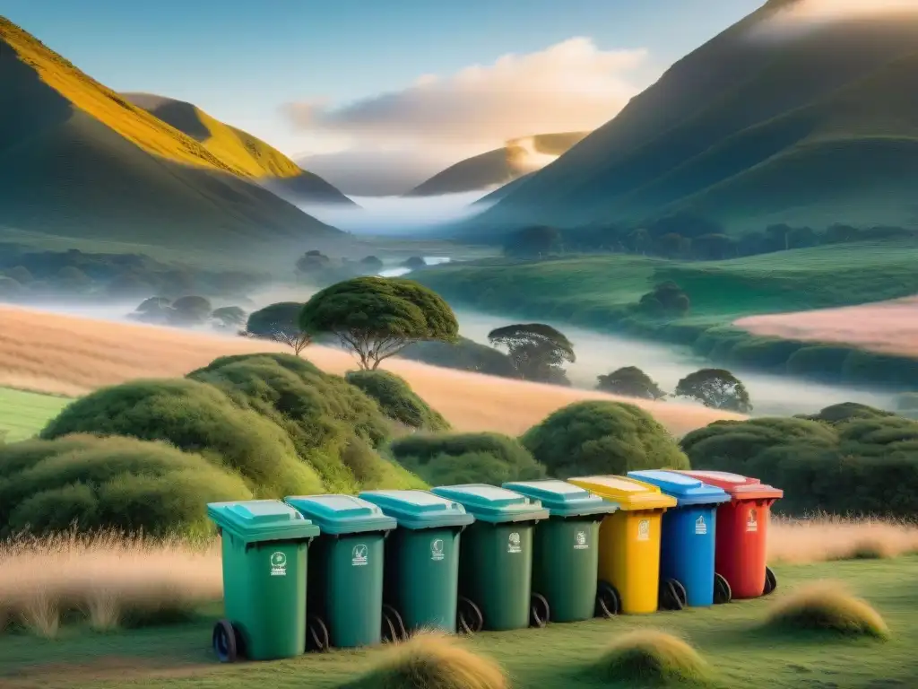 Comunidad eco en camping uruguayo al amanecer Un amanecer sereno en un camping uruguayo, con contenedores ecológicos y campistas comprometidos en la minimización de basura