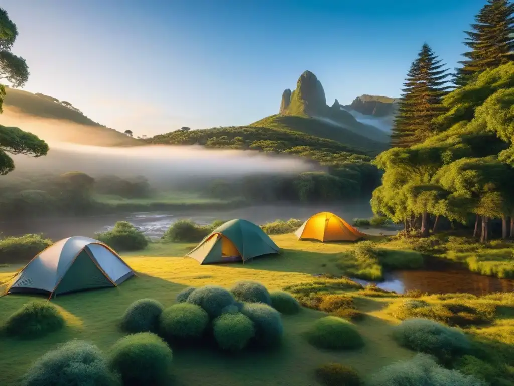 Amanecer vibrante en campamento sereno en la naturaleza de Uruguay Un amanecer vibrante en un campamento sereno en la exuberante naturaleza de Uruguay