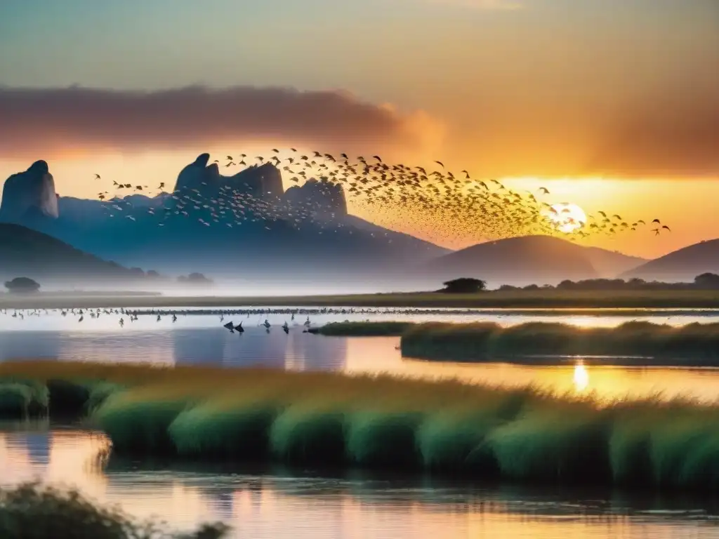 Alas al Amanecer: Esplendor de Aves Migratorias en Uruguay Un amanecer vibrante sobre humedal uruguayo muestra una diversidad de aves migratorias