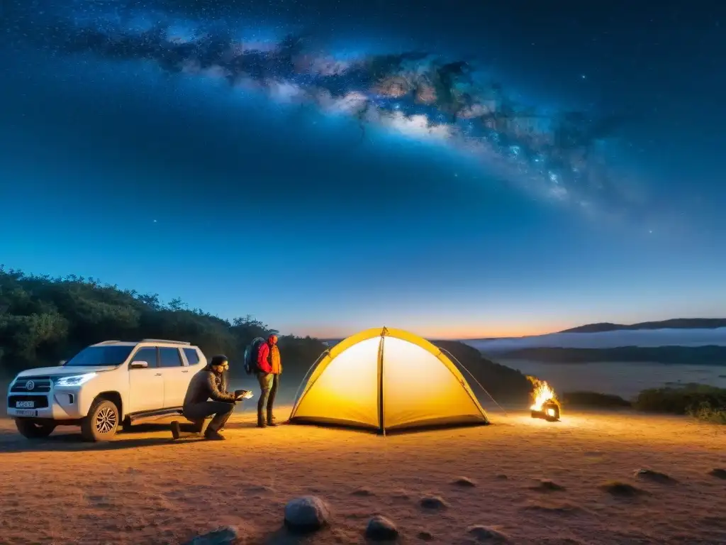 Exploradores nocturnos con GPS en la vasta naturaleza de Uruguay Amantes del camping montan tienda bajo cielo estrellado en la vasta naturaleza de Uruguay, planeando aventuras con el Mejor GPS para camping Uruguay