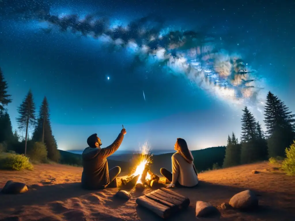 Amigos admirando la Vía Láctea alrededor de la fogata Amigos asombrados mirando las estrellas alrededor de fogata en el bosque de Uruguay, ideal para usar las mejores apps astronomía camping