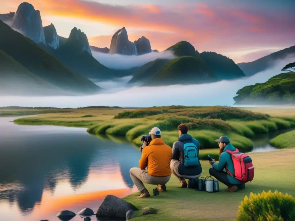 Amigos capturando la magia del atardecer en río uruguayo Amigos ajustando cámara acuática al atardecer en río, ideal para camping y explorar la naturaleza