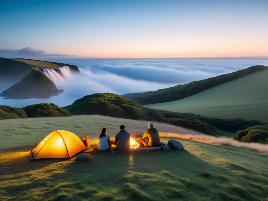 Noche de amigos bajo las estrellas en campamento uruguayo Amigos disfrutan de la camaradería alrededor de la fogata bajo el cielo estrellado en un campamento en las colinas de Uruguay