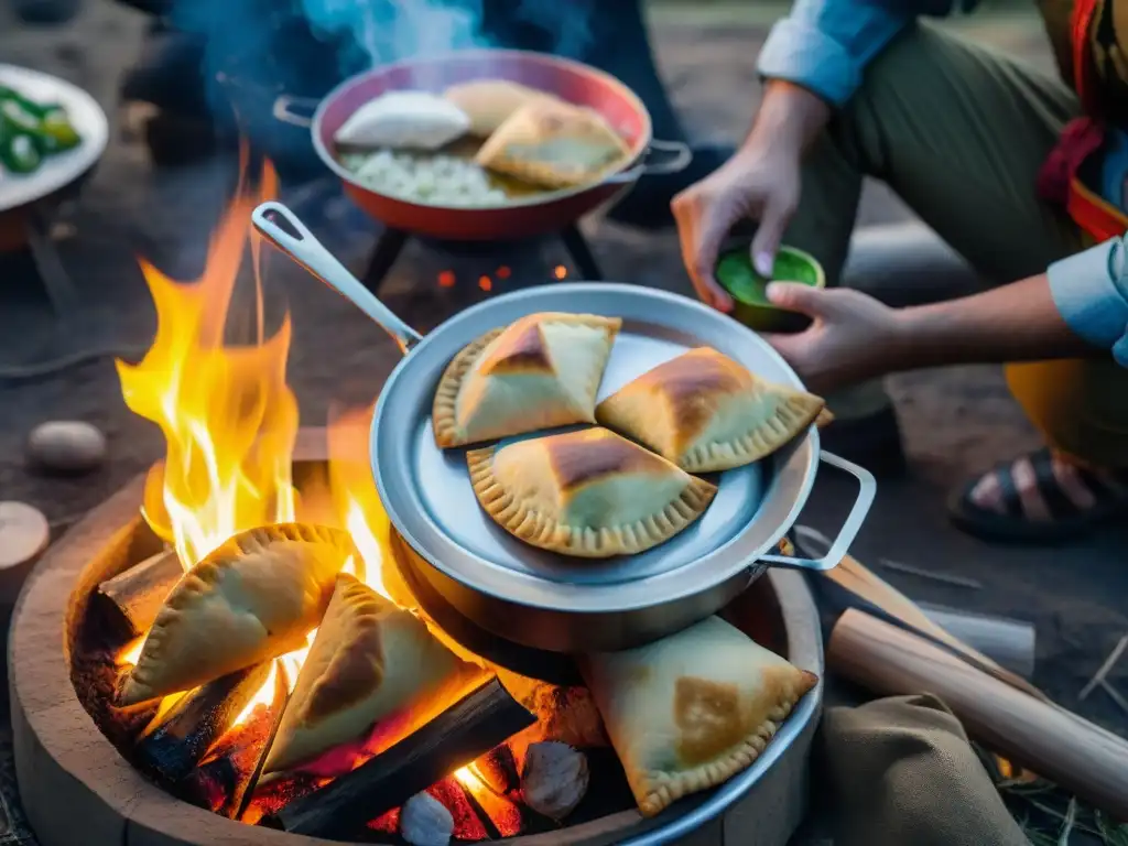 Cena de amigos alrededor del fuego: empanadas uruguayas al disco Amigos disfrutan de empanadas uruguayas cocinadas en disco de camping alrededor de fogata al anochecer