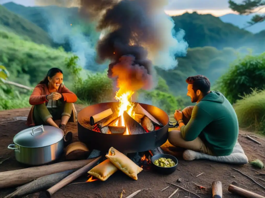 Cena de amigos alrededor del fuego: empanadas bajo las estrellas Amigos preparando empanadas uruguayas alrededor de fogata en el bosque con un disco de cocina, creando un ambiente de camping único