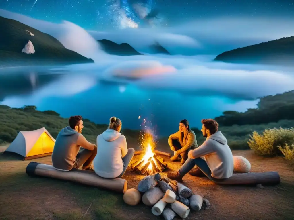Noches de camping y conservas: amigos alrededor del fuego Amigos felices alrededor de fogata, asando malvaviscos en camping en Uruguay con conservas caseras para camping