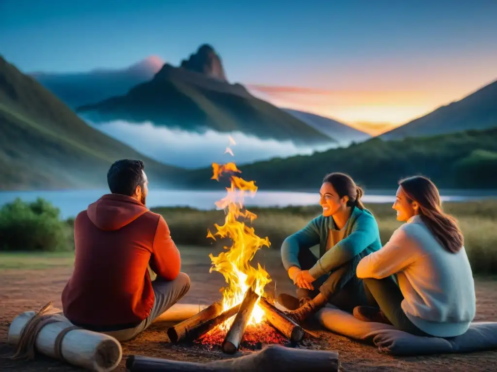 Amistad junto al fuego: instantáneas campamentas en Uruguay Amigos disfrutan de fogata en el campo uruguayo, iluminados por el cálido resplandor de las llamas bajo el cielo estrellado