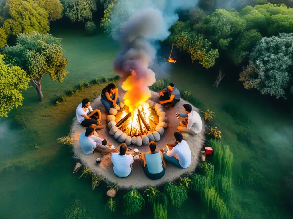 Amigos disfrutan fogata al atardecer en camping de Uruguay Amigos alrededor de fogata en Uruguay, drone captura la escena
