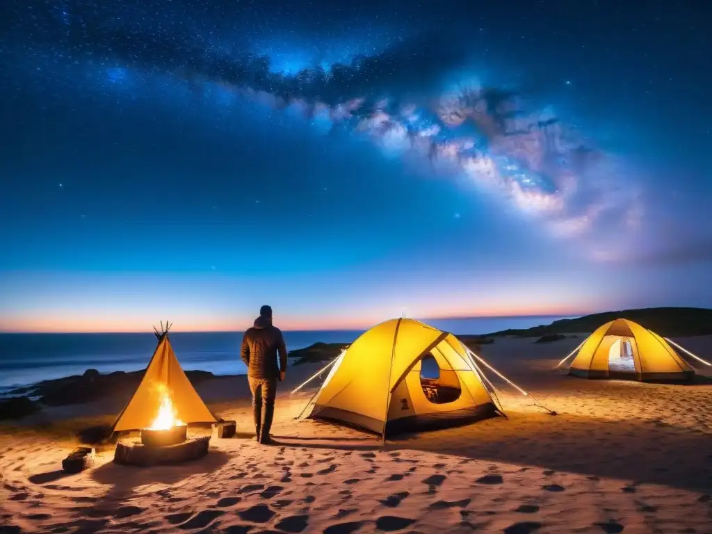 Noches mágicas de campamento en Cabo Polonio, Uruguay Amigos riendo alrededor de fogata bajo estrellas en Cabo Polonio, Uruguay
