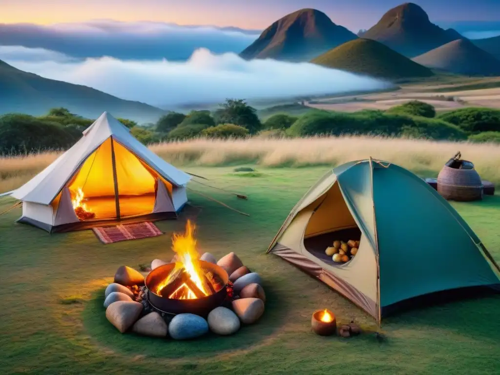 Campamento uruguayo: amigos, mate y parrilla bajo las estrellas Amigos disfrutan de una fogata bajo las estrellas en un campamento uruguayo, con mate, parrilla y coloridas carpas