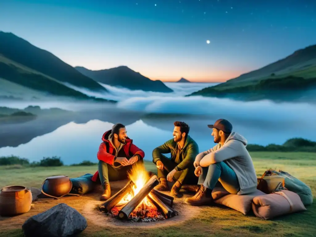 Noche de amigos alrededor de fogata en Uruguay Amigos disfrutan fogata instantánea para camping en Uruguay bajo cielo estrellado con mate en mano
