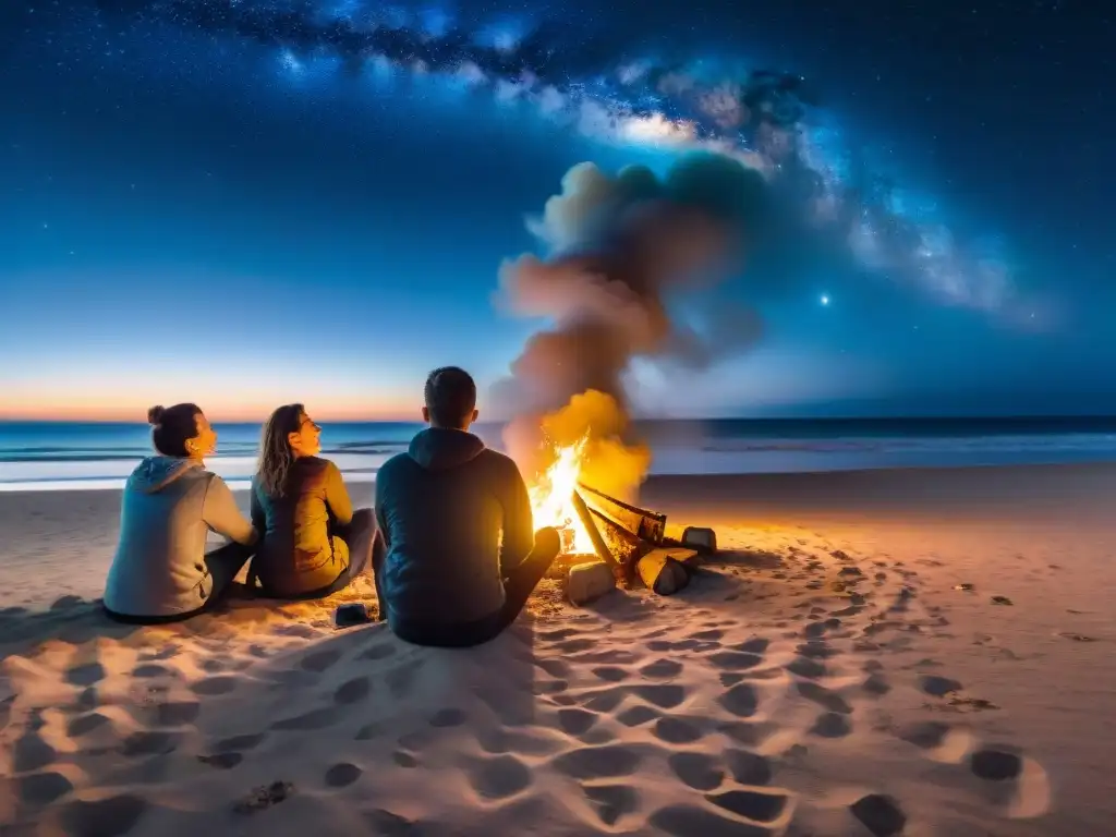 Amigos junto a fogata en playa de Uruguay bajo cielo estrellado Amigos disfrutan fogata en playa uruguaya, bajo estrellado cielo