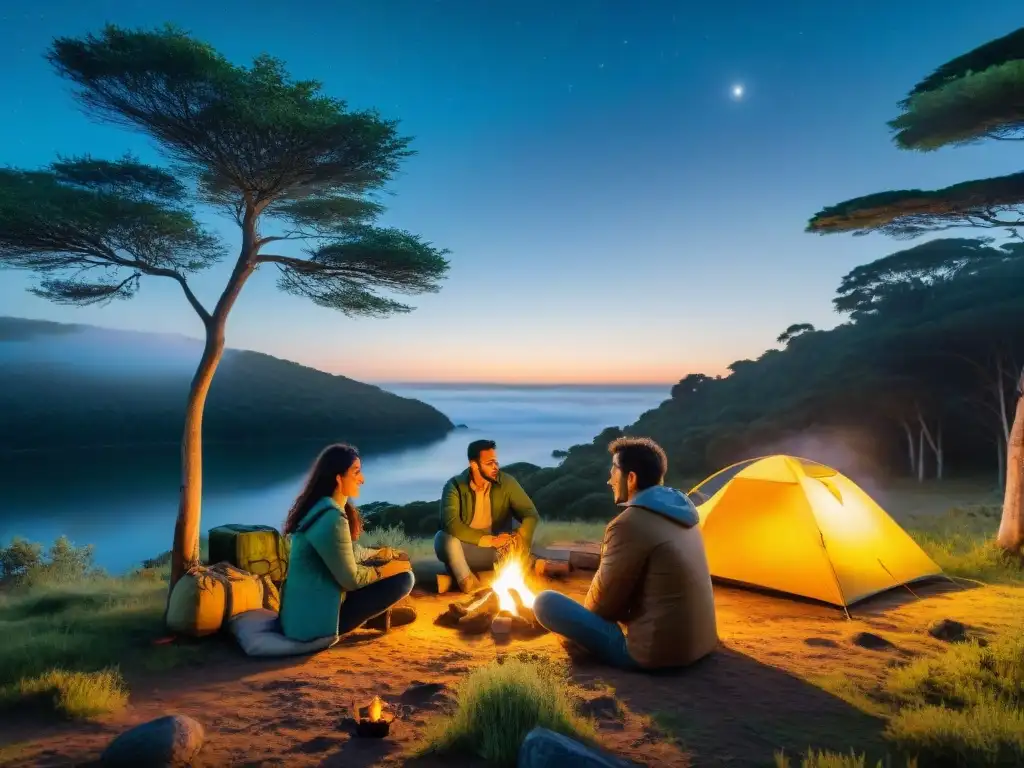 Amigos junto al fuego: Noche mágica en el bosque de Uruguay Amigos alrededor de fogata en bosque de Uruguay al anochecer