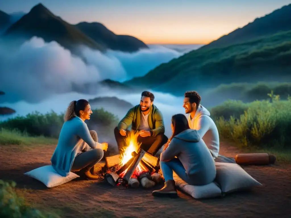 Noche de fogata en el campo uruguayo: amigos, estrellas y marshmallows Amigos disfrutan fogatas instantáneas para camping Uruguay bajo cielo estrellado