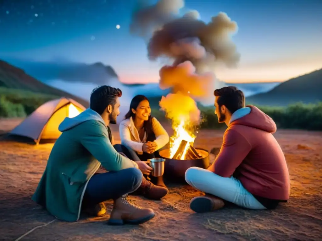 Amigos disfrutan mate alrededor de fogata estrellada en Uruguay Amigos compartiendo mate caliente alrededor de fogata bajo cielo estrellado en Uruguay, bebidas calientes camping Uruguay