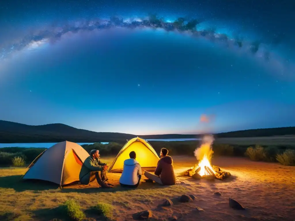 Noche de amistad y aventura en la naturaleza de Uruguay Amigos disfrutan de la mejor época para acampar en Uruguay, alrededor de fogata bajo cielo estrellado, creando lazos de amistad y aventura