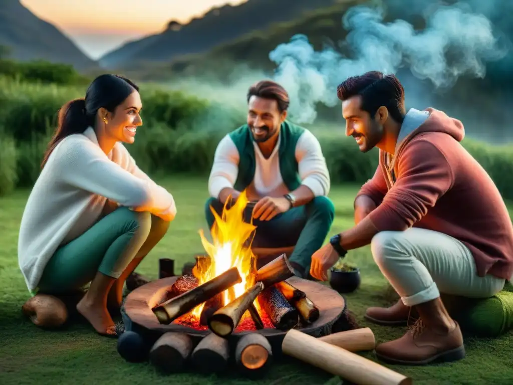 Cena al fuego en el bosque: amigos preparando asado y choripan en Uruguay Amigos cocinando recetas camping Uruguay aire libre alrededor del fuego en el bosque al atardecer