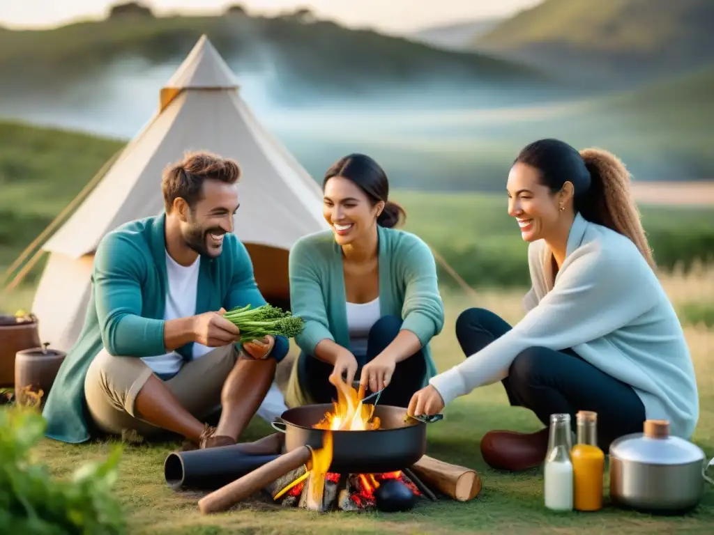 Amigos preparando una deliciosa cena vegetariana en el campo de Uruguay Amigos preparan recetas vegetarianas en un campamento en Uruguay, rodeados de naturaleza y buena compañía al atardecer
