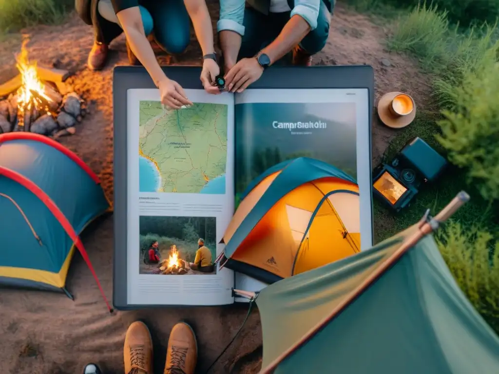 Emocionante camping en Uruguay: amigos, fogata y GPS Amigos montando tiendas y disfrutando del atardecer en un campamento en Uruguay, con GPS y mapa de las mejores rutas de camping