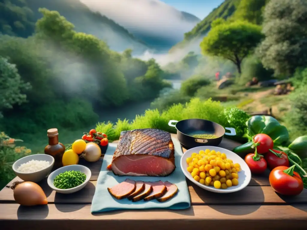 Milanesa a la parrilla: preparación al detalle en la naturaleza Preparando con amor una milanesa a la parrilla en un entorno de camping al amanecer