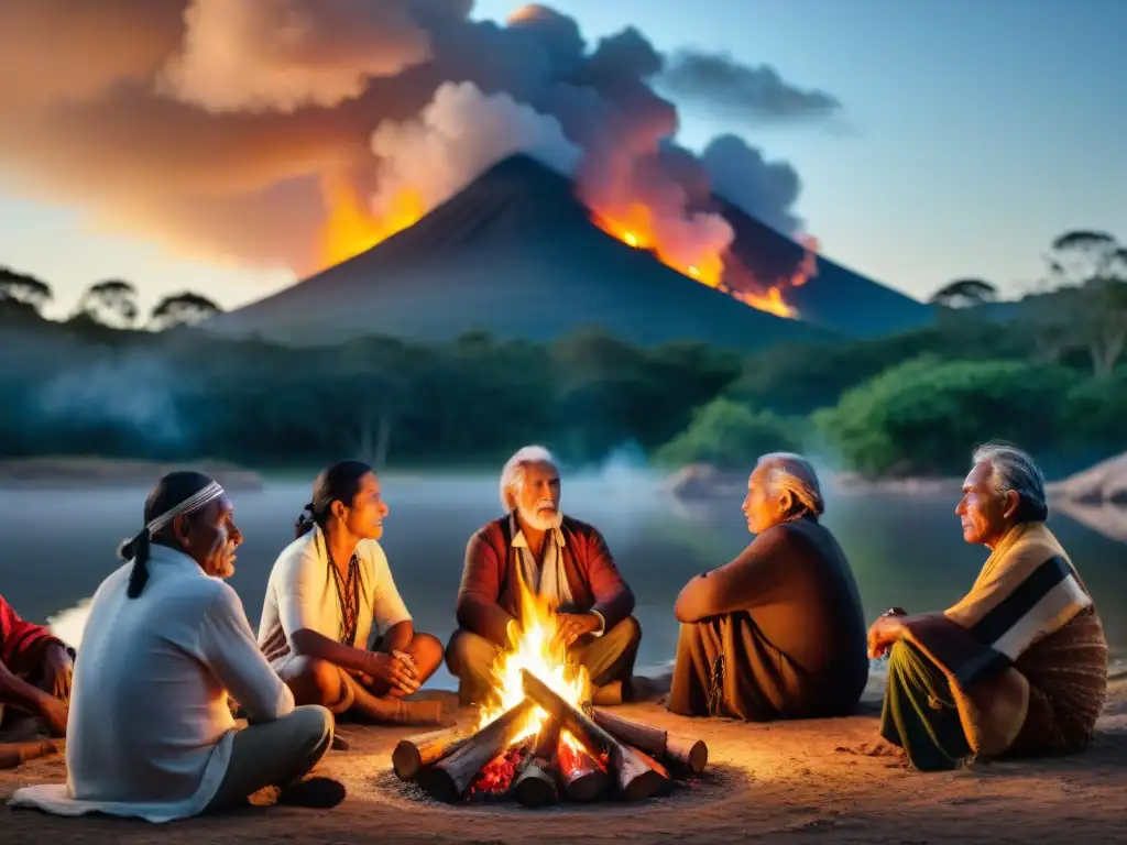 Consejo ancestral al atardecer: sabiduría indígena en Uruguay Ancianos indígenas en camping Uruguay, junto al fuego, transmitiendo sabiduría y orgullo cultural