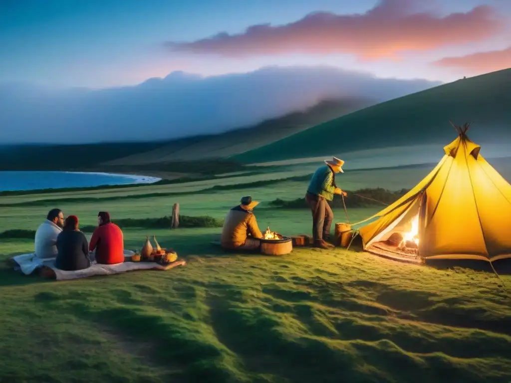 Camping festivo en Uruguay: tradición y alegría bajo las estrellas Animado campamento emblemático en Uruguay con tradición de camping en Uruguay: tiendas coloridas, fogatas, música y amistad bajo el cielo estrellado