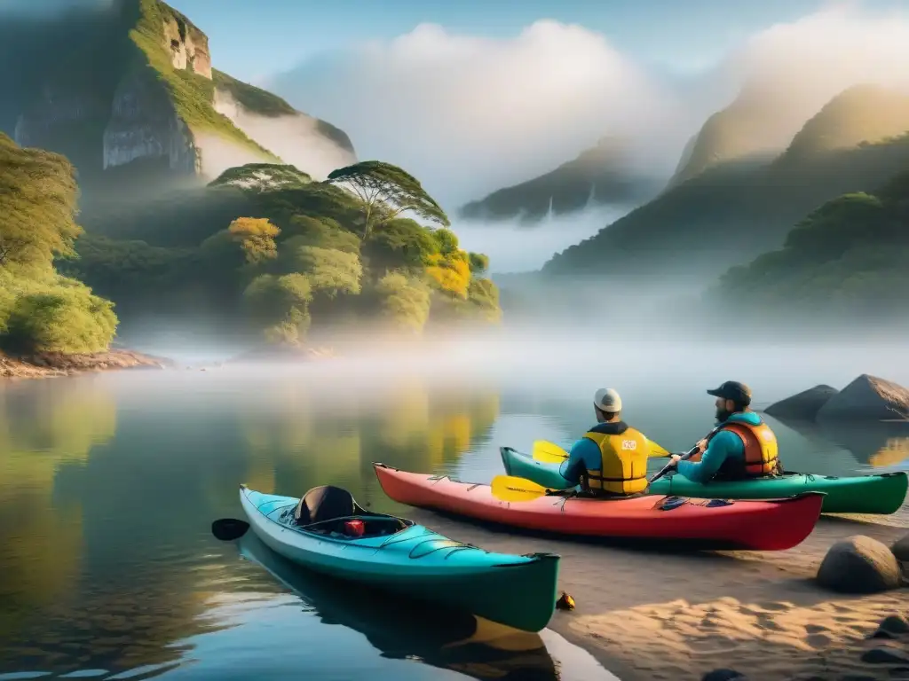 Preparativos de kayakistas en campamento uruguayo Un animado grupo de kayakistas preparando sus coloridos kayaks en la serena costa de un pintoresco camping uruguayo