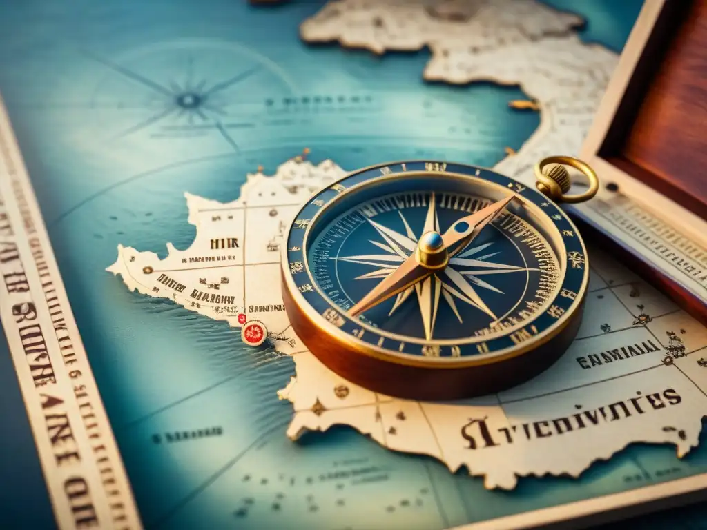 Brújula antigua en mapa de exploración: aventura y descubrimiento Antigua brújula de madera detalladamente tallada sobre un mapa antiguo, evocando aventura y descubrimiento