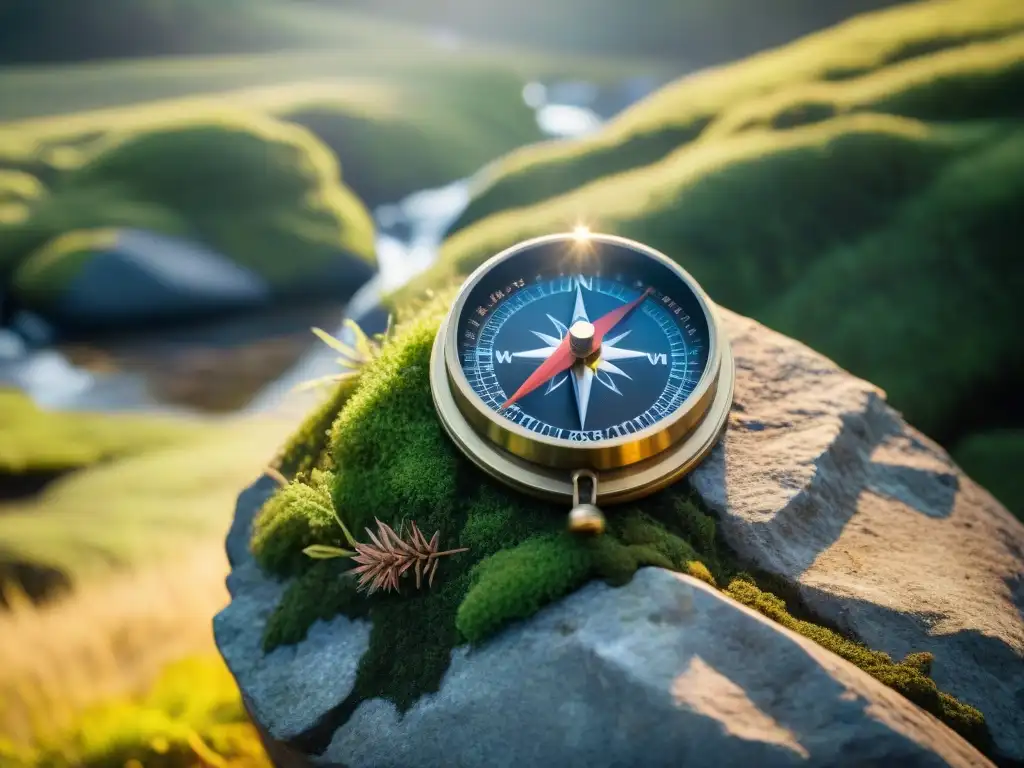 Brújula antigua en la naturaleza de Uruguay Un antiguo compás descansa sobre una roca cubierta de musgo en la exuberante naturaleza de Uruguay