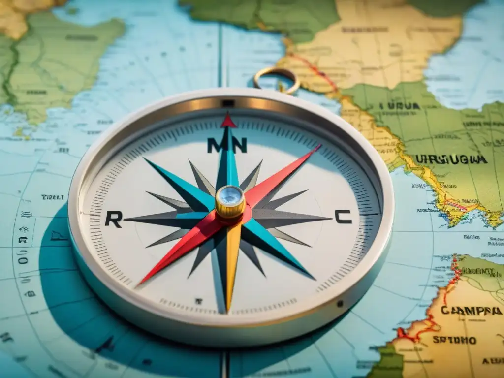 Brújula gastada sobre mapa topográfico de Uruguay: detallada aventura Un antiguo y detallado compás sobre un mapa topográfico de Uruguay, mostrando la brújula y los senderos