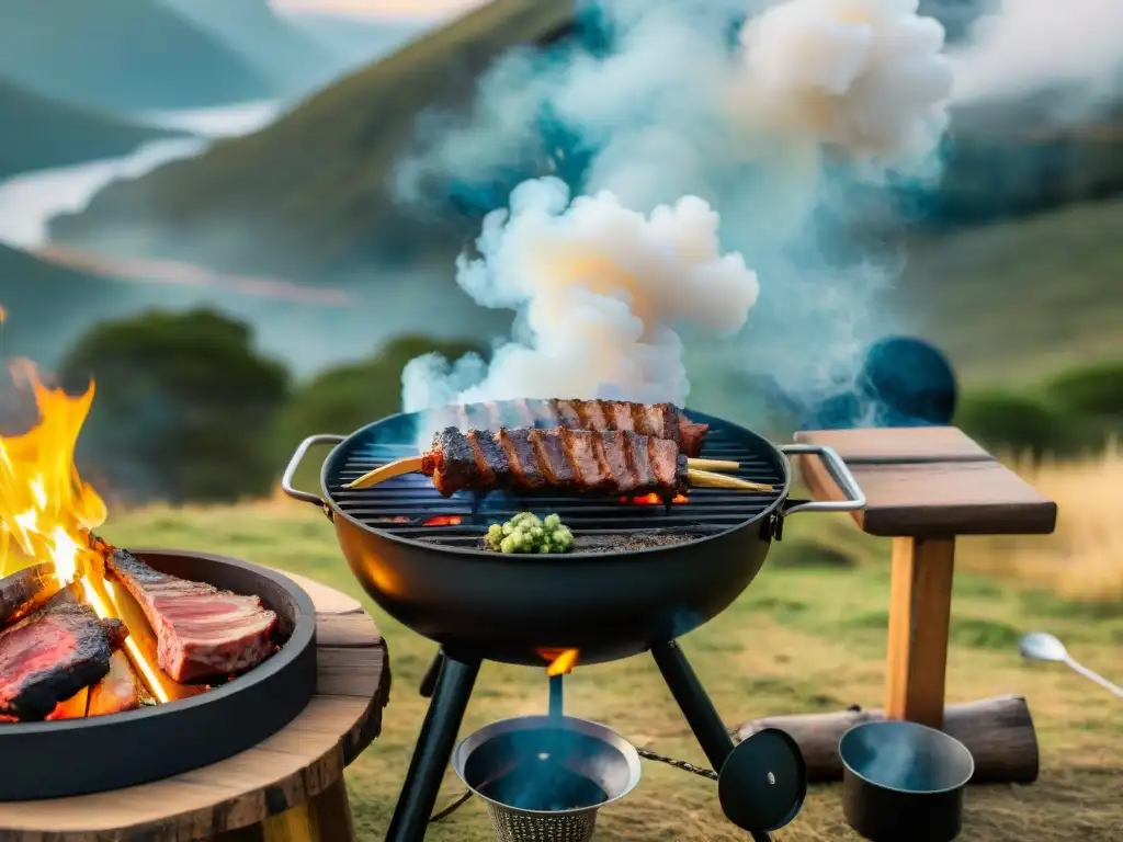 Asado uruguayo en la naturaleza: carne, humo y camaradería Un apetitoso asado uruguayo en un camping, con humeantes carnes y compañerismo al aire libre