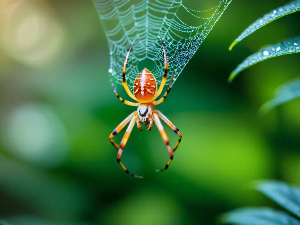 Arte arácnido: tejido delicado entre hojas verdes Un arácnido tejiendo una red entre hojas verdes en un bosque, resaltando la biodiversidad natural