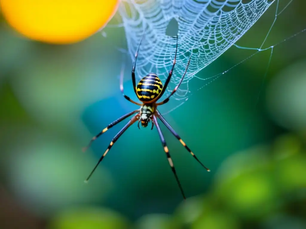 Tejedora de oro: araña orbweaver en bosque de Uruguay Una araña tejedora dorada tejiendo su tela bajo el cálido sol en un bosque verde de Uruguay, destacando la belleza de los insectos para campistas