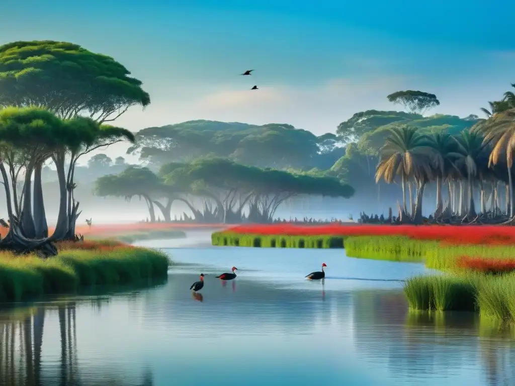 Biodiversidad en Humedales de Uruguay: Aves Nativas y Palmeras Explora la biodiversidad de las áreas de conservación en Uruguay con aves nativas en un oasis de palmeras y agua serena