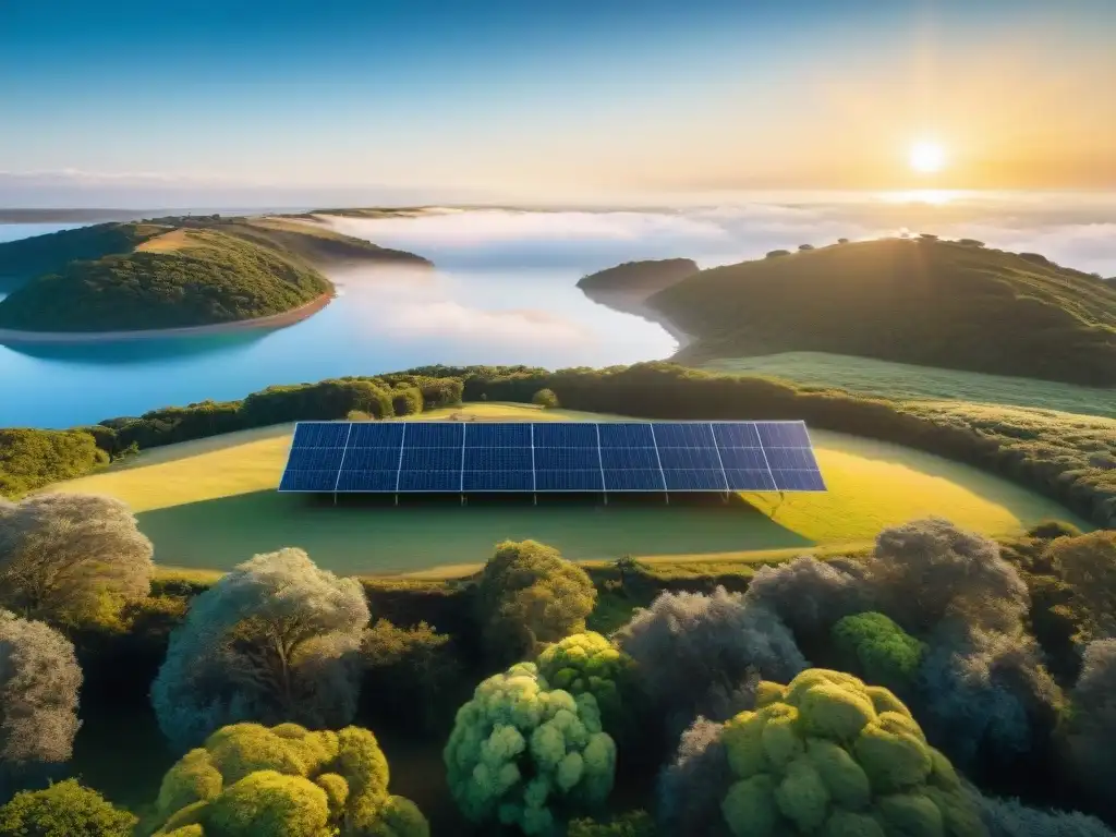 Camping eco-sostenible con paneles solares en Uruguay Armonía natural: paneles solares portátiles en campamento en Uruguay, bajo el sol y rodeados de naturaleza exuberante y cielo azul