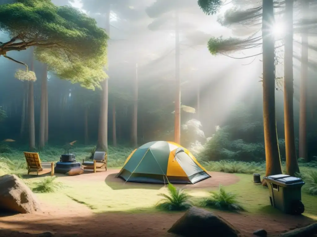 Campamento ecológico en bosque uruguayo: armonía sostenible Acampando en armonía con la naturaleza en un bosque de Uruguay, mostrando prácticas ecoamigables
