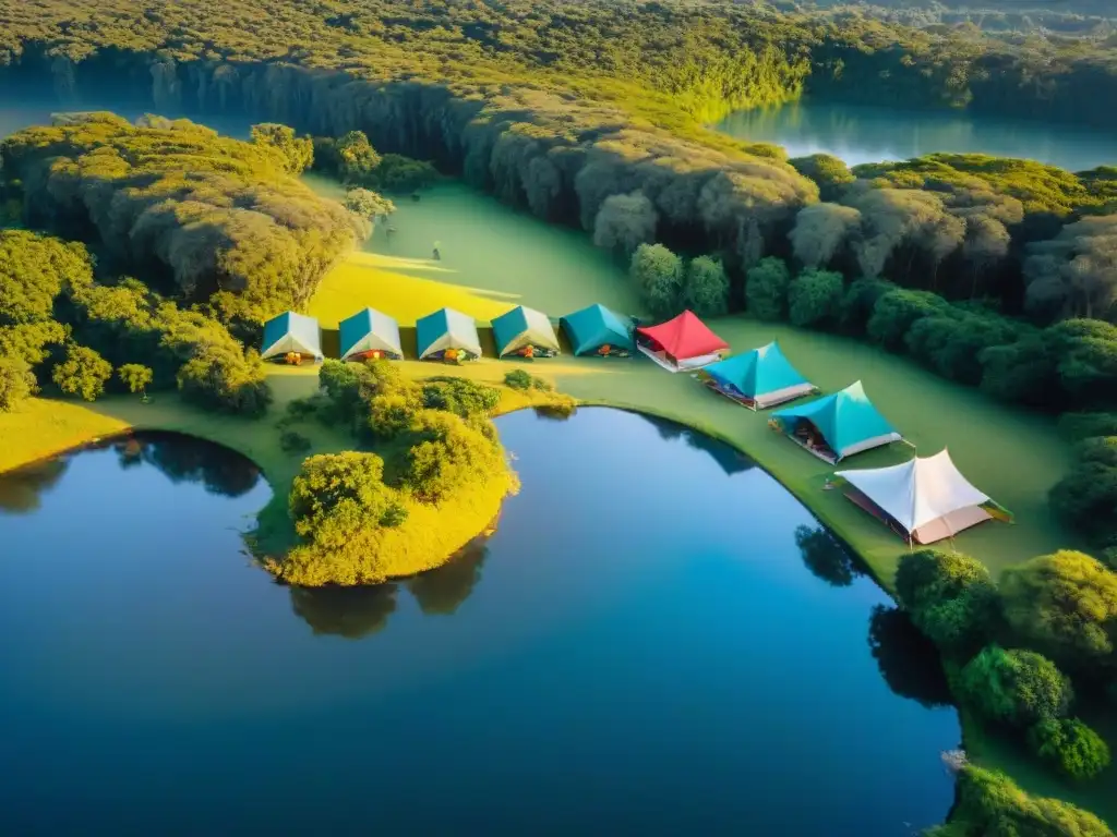 Campamento ecológico en Uruguay: armonía natural y humano Acampar en armonía con la naturaleza en Uruguay: un campamento sostenible rodeado de bosques verdes y un lago sereno al atardecer